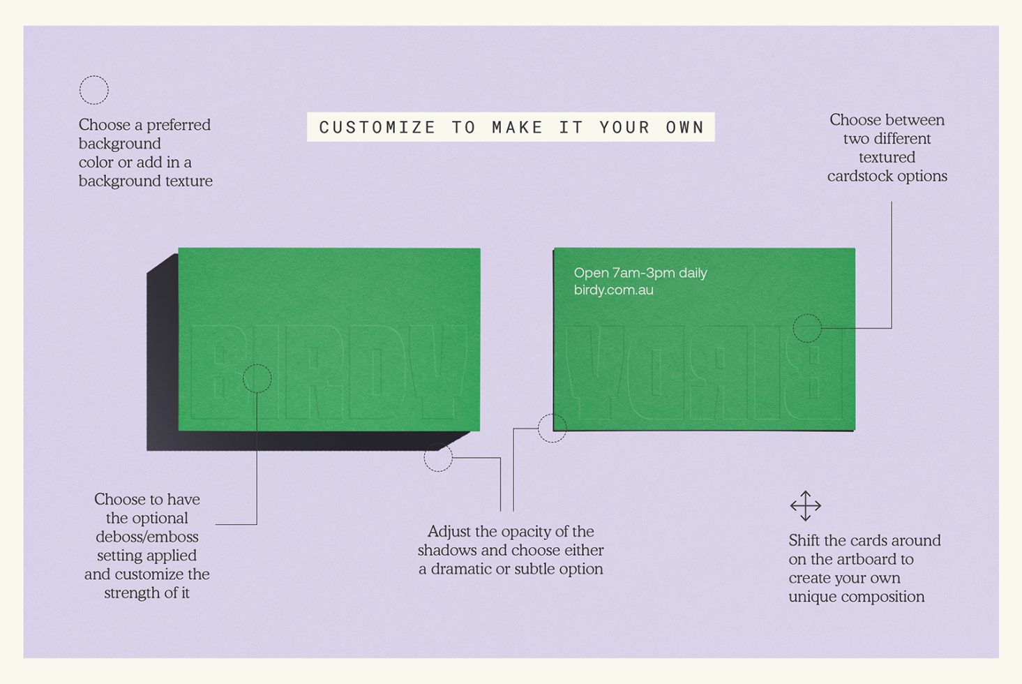 Customizable business card mockup with emboss option, color and texture choices for designers to create unique card designs. Graphic design template.